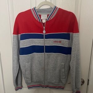 Vintage Adidas Red and Gray Track Jacket with Blue Stripes *some staining!*